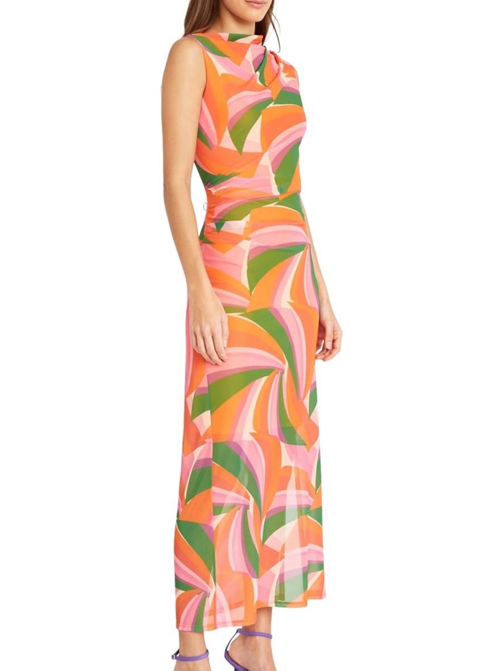 New! Donna Morgan Sleeveless Abstract Maxi Dress in Orange, Pink & Green